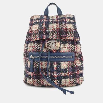 Pre-owned Chanel Cc Logo Tweed Print Backpack Blue/multicolor Nylon Leather