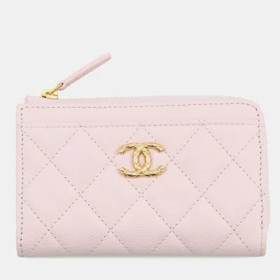 Pre-owned Chanel Cc Logo Zip Card Case Fragment Case Pink Caviar Leather