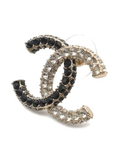 Pre-owned Chanel Cc-mark Rhinestone Earrings In Gold