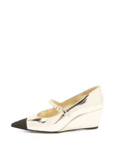 Pre-owned Chanel Cc Mary Jane Wedge Pumps In Gold
