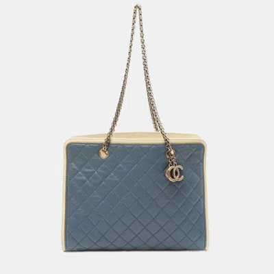Pre-owned Chanel Cc Matelasse Chain Shoulder Tote Bag Leather Blue White Ghw