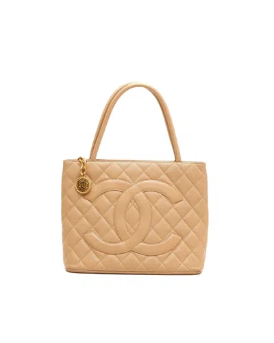 Chanel Cc Medallion Caviar Tote Bag In Beige