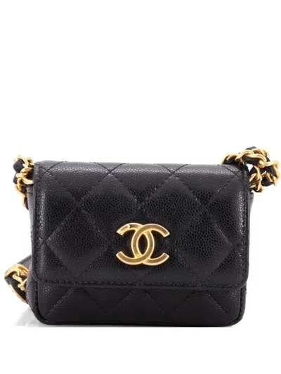 Pre-owned Chanel Cc Medallions Flap Quilted Caviar Mini Belt Bag In Black