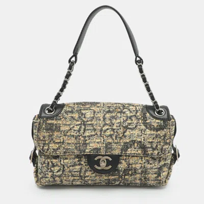 Pre-owned Chanel Cc Medium Multicolor Leather And Painted Tweed Belted Flap Bag