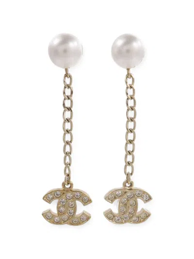Pre-owned Chanel Cc Metal Crystal-embellished Drop Earrings In Gold