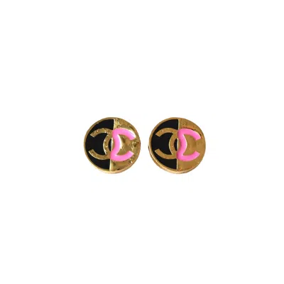 Pre-owned Chanel Cc Metal Enamel Round Earrings Gold Pink Black