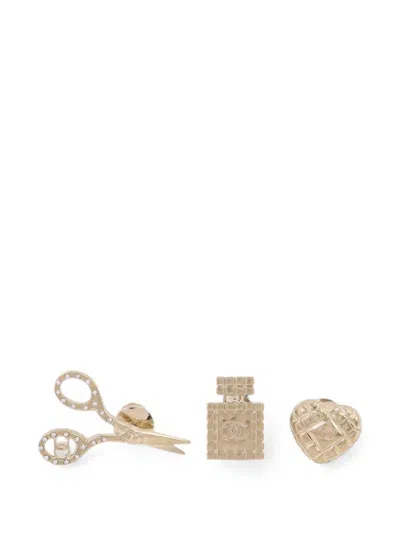 Pre-owned Chanel Cc Metal Strass Gold Brooch Set Of Three