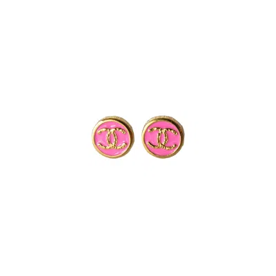 Pre-owned Chanel Cc Mini Round Earrings Gold Pink