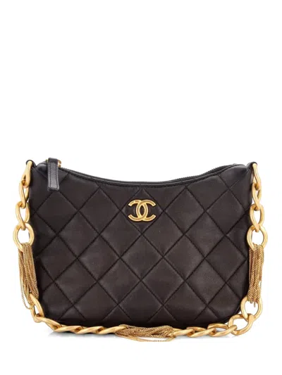 Pre-owned Chanel Cc Mixed Chain Link Zip Quilted Lambskin Hobo Bag In Black