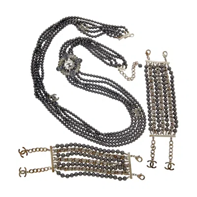 Pre-owned Chanel Cc Multistrand Black Pearl Rhinestone Necklace And 2 Bracelets Box Pouch