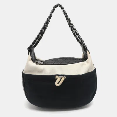 Pre-owned Chanel Cc Navy Blue/black Canvas And Leather Tote
