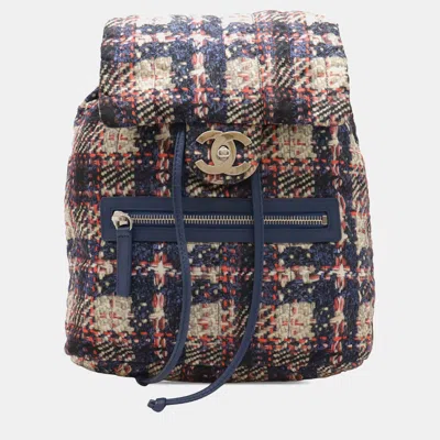 Pre-owned Chanel Cc Nylon Tweed Printed Medium Blue Pink Nylon Drawstring Backpack Bag