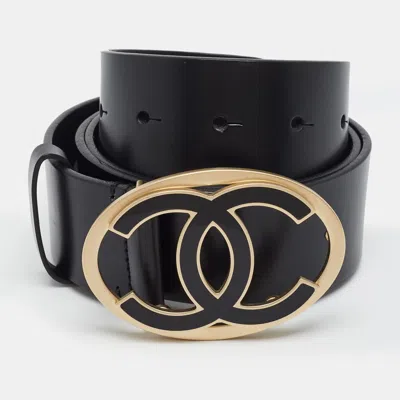 Pre-owned Chanel Cc Oval 90cm Buckle Belt Black Leather