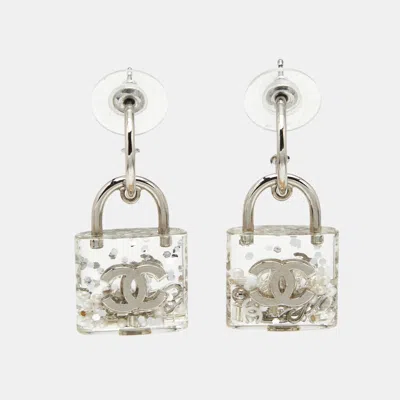 Pre-owned Chanel Cc Padlock Resin Faux Pearl Beads Silver Tone Earrings