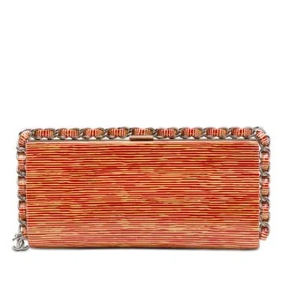 Pre-owned Chanel Cc Patent Striped Chain Around Clutch In Orange