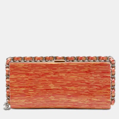 Pre-owned Chanel Cc Patent Striped Chain Around Orange Red Clutch Bag