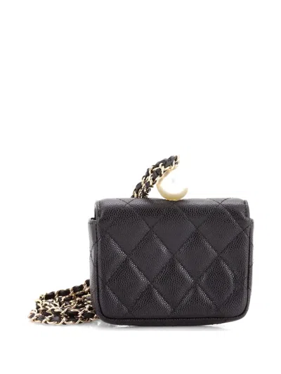 Pre-owned Chanel Cc Pearl Coin Card Holder With Chain Quilted Caviar Clutch Bag In Black