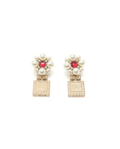 Pre-owned Chanel Cc Pearl Dangling Earrings In Gold