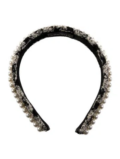 Pre-owned Chanel Cc Pearl Tweed Headband In Black/white