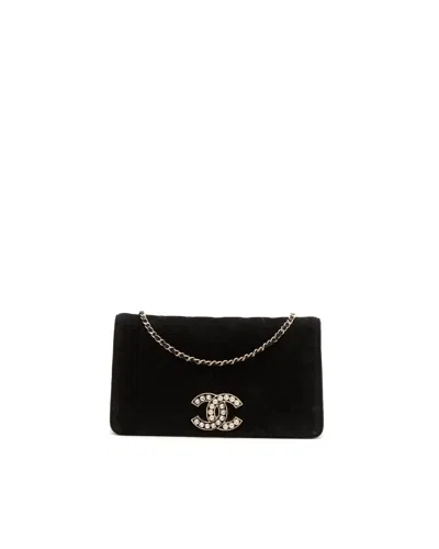 Pre-owned Chanel Cc Pearl Velvet Wallet On Chain Bag In Black