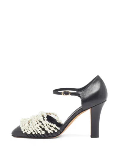 Pre-owned Chanel Cc Pearl-embellished Mary Jane Pumps In Black