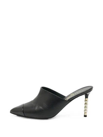 Pre-owned Chanel Cc Pearl-embellished Mules In Black