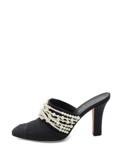 Pre-owned Chanel Cc Pearl-embellished Mules In Black