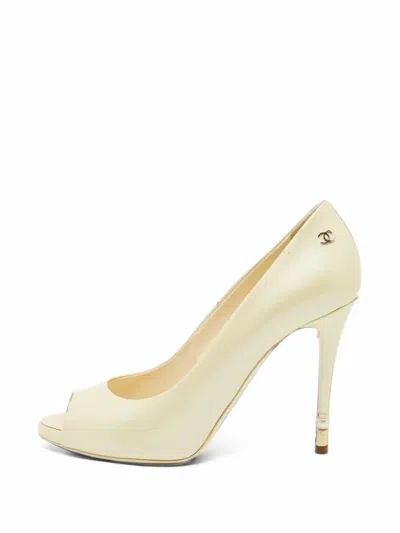 Pre-owned Chanel Cc Pearl-embellished Peep-toe Pumps In Neutrals