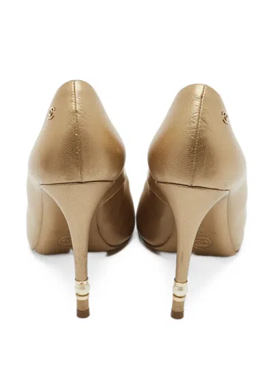 Pre-owned Chanel Cc Peep-toe Pumps In Gold