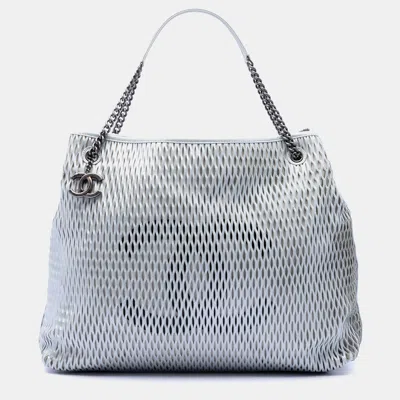 Pre-owned Chanel Cc Perforated Grey Calf Leather Tote In Gray