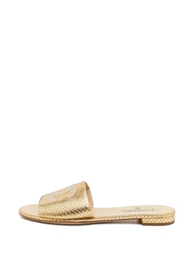 Pre-owned Chanel Cc Perforated Leather Sandals In Gold