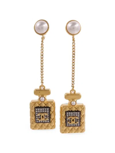 Pre-owned Chanel Cc Perfume Bottle Drop Earrings In Gold