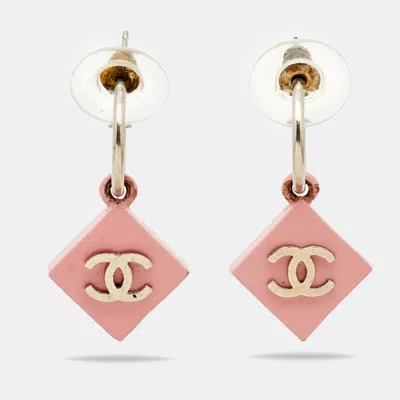 Pre-owned Chanel Cc Pink Enamel Silver Tone Earrings