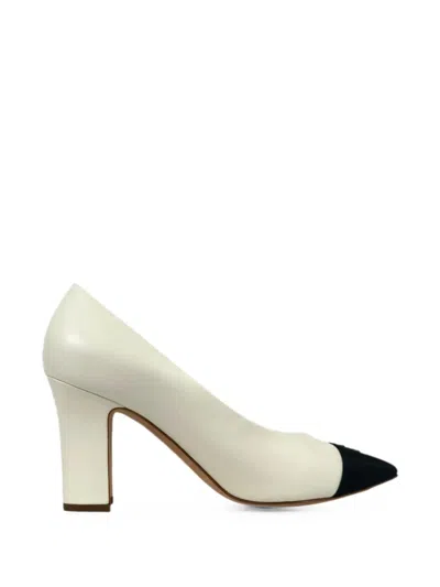 Pre-owned Chanel Cc Pointed Cap-toe Pumps In White