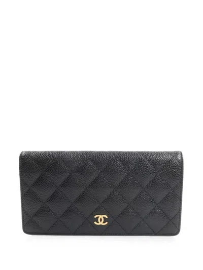 Pre-owned Chanel Cc Quilted Calfskin Long Wallet In Black