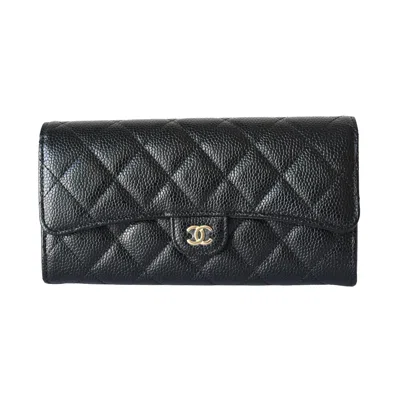 Pre-owned Chanel Cc Quilted Caviar Continental Large Gusset Flap Wallet Gold Hardware Black
