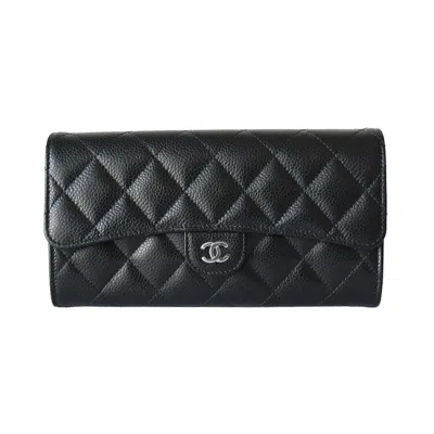 Pre-owned Chanel Cc Quilted Caviar Continental Large Gusset Flap Wallet Silver Hardware Black