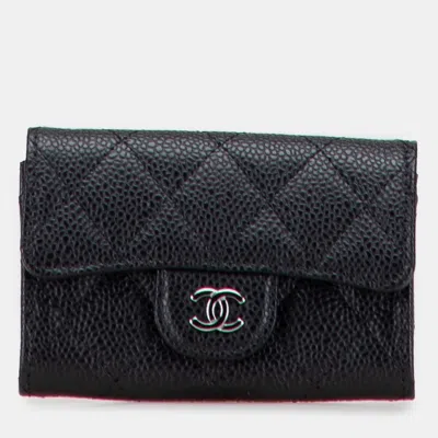 Pre-owned Chanel Cc Quilted Caviar Flap Card Holder Wallet In Black