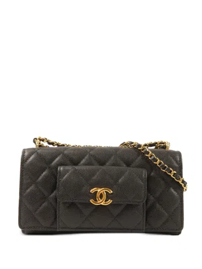 Pre-owned Chanel Cc Quilted Caviar Leather Chain Wallet In Black