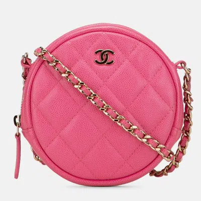 Pre-owned Chanel Cc Quilted Caviar Round Clutch With Chain In Pink