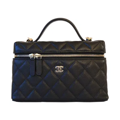 Pre-owned Chanel Cc Quilted Caviar  Top Handle Long Chain Vanity Case L19 Gold Hardware Black