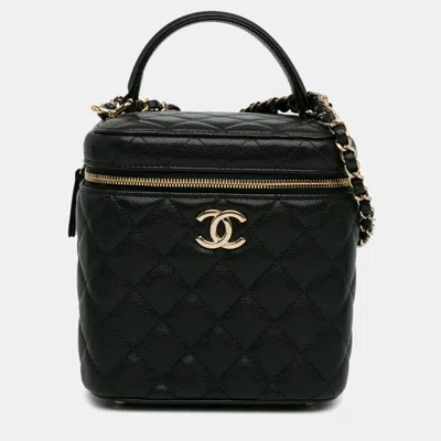 Pre-owned Chanel Cc Quilted Caviar Top Handle Vanity Case With Chain In Black