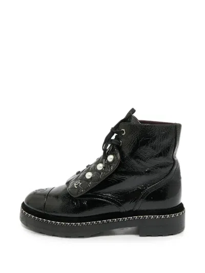 Pre-owned Chanel Cc Quilted Combat Boots In Black