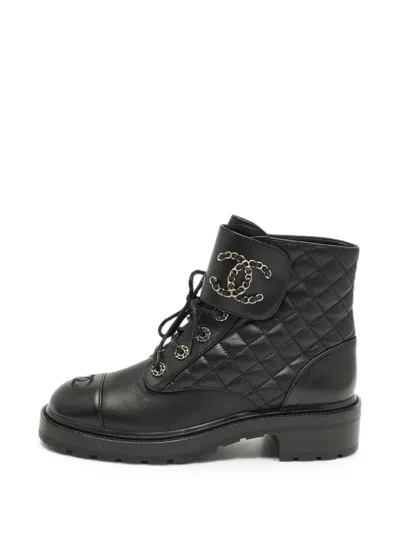Pre-owned Chanel Cc Quilted Combat Boots In Black