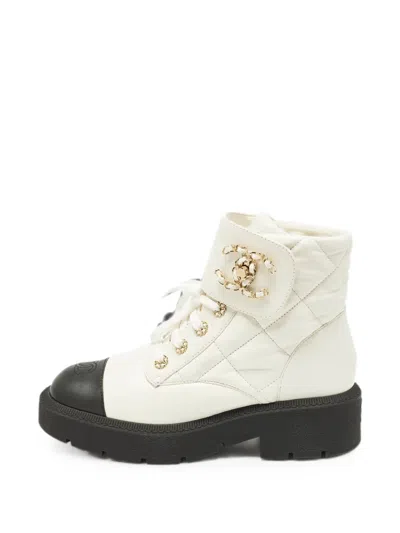 Pre-owned Chanel Cc Quilted Combat Boots In White