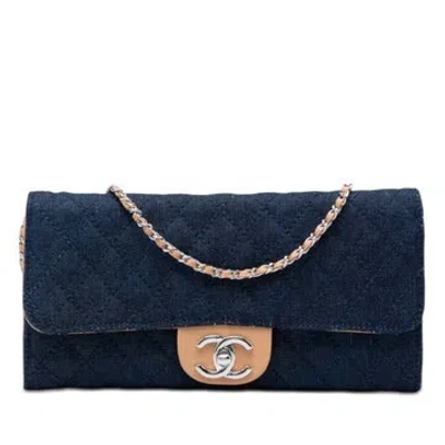 Pre-owned Chanel Cc Quilted Denim Turn Lock Wallet On Chain In Blue