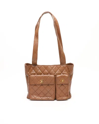 Pre-owned Chanel Cc Quilted Double Pocket Tote Bag In Brown