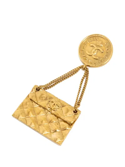 Pre-owned Chanel Cc Quilted Flap Brooch In Gold