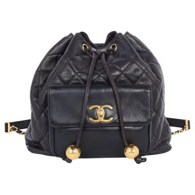 Pre-owned Chanel Cc Quilted Lambskin Drawstring Backpack In Black