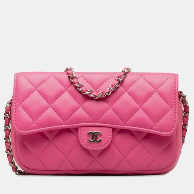 Pre-owned Chanel Cc Quilted Lambskin Flap Phone Case On Chain In Pink